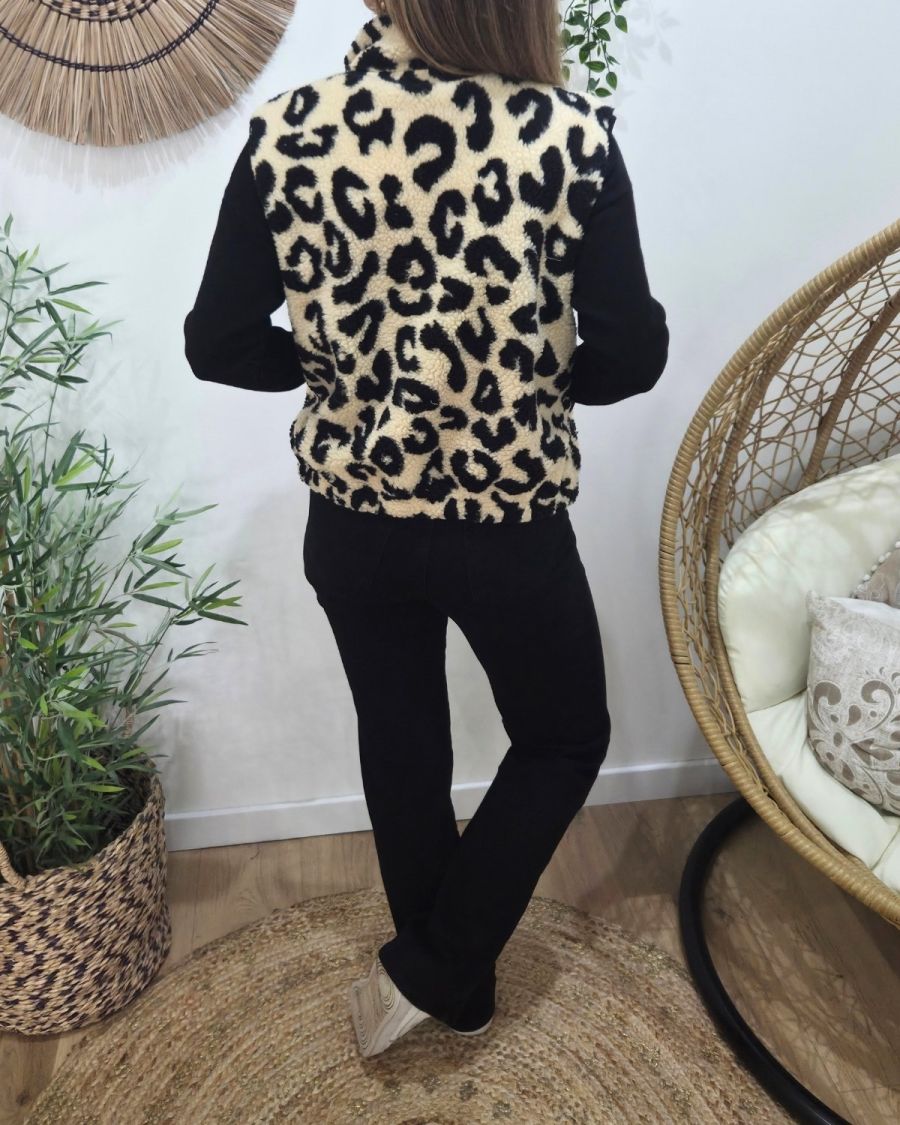 Gilet femme bouclettes léopard sans manches beige et noir