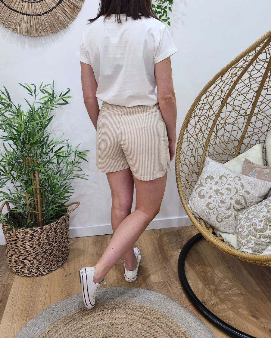 Jupe short femme rayée camel et beige liseré argent