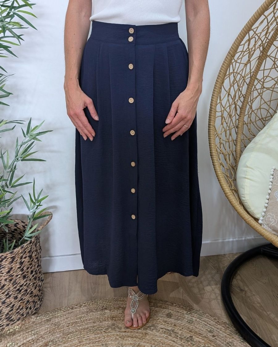 Jupe longue femme fluide boutonnée marine
