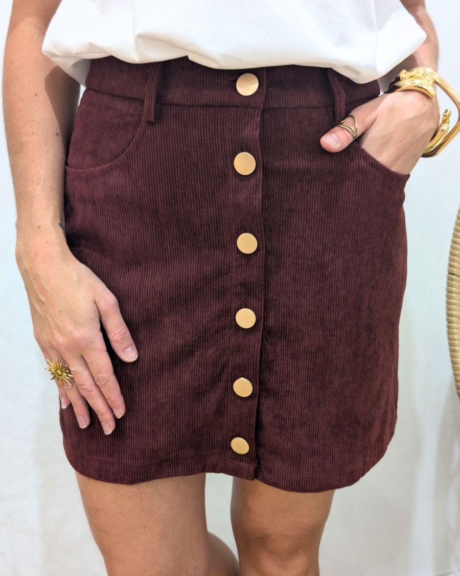 Jupe courte femme velours cotelé rouge bordeaux boutons dorés