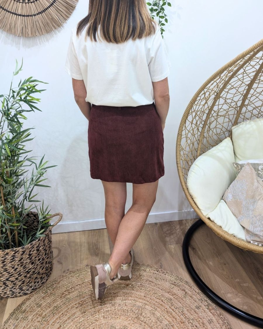 Jupe courte femme velours cotelé rouge bordeaux boutons dorés