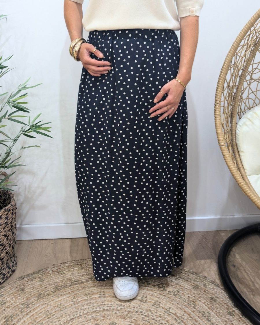 Jupe longue femme fluide marine à pois blancs