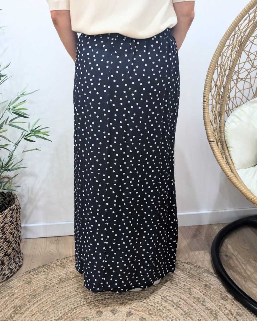 Jupe longue femme fluide marine à pois blancs