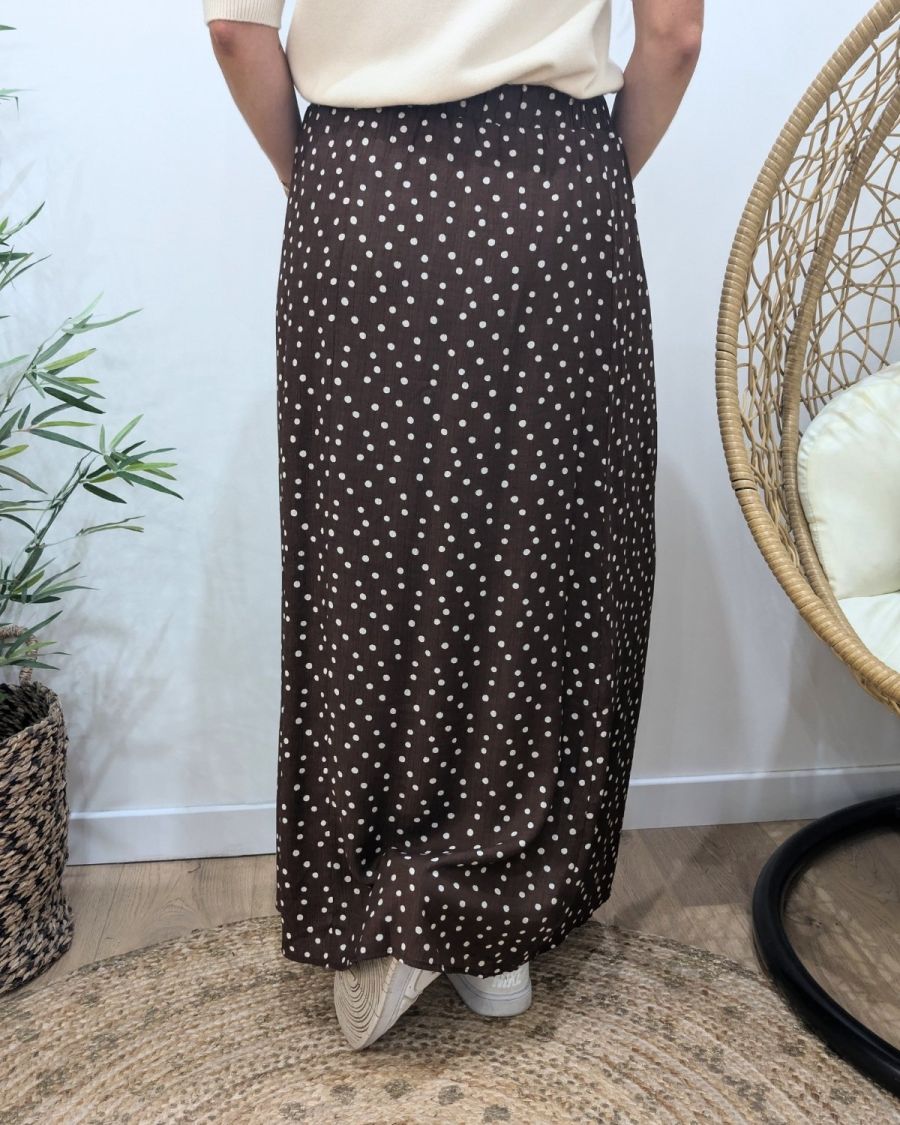 Jupe longue femme fluide marron choco à pois blancs