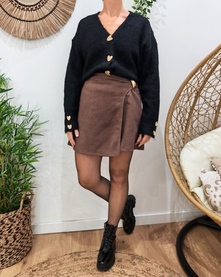 Jupe short femme suédine marron bijou doré