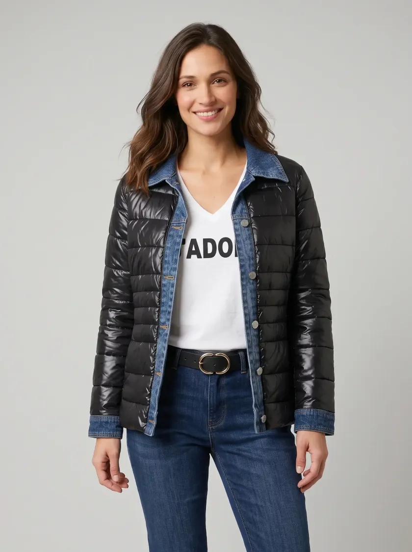 Doudoune femme noire rebords jeans