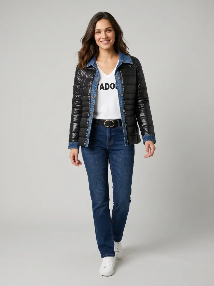 Doudoune femme noire rebords jeans