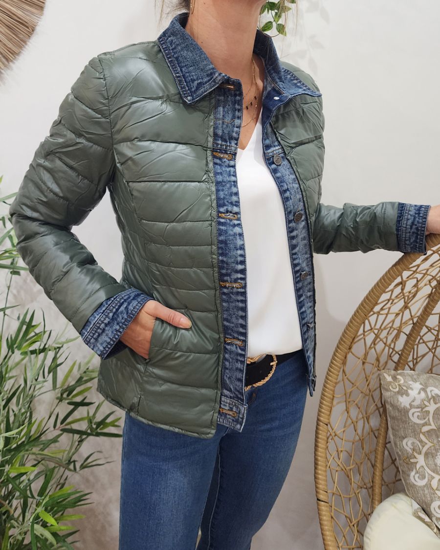 Doudoune femme kaki metallisé rebords jeans