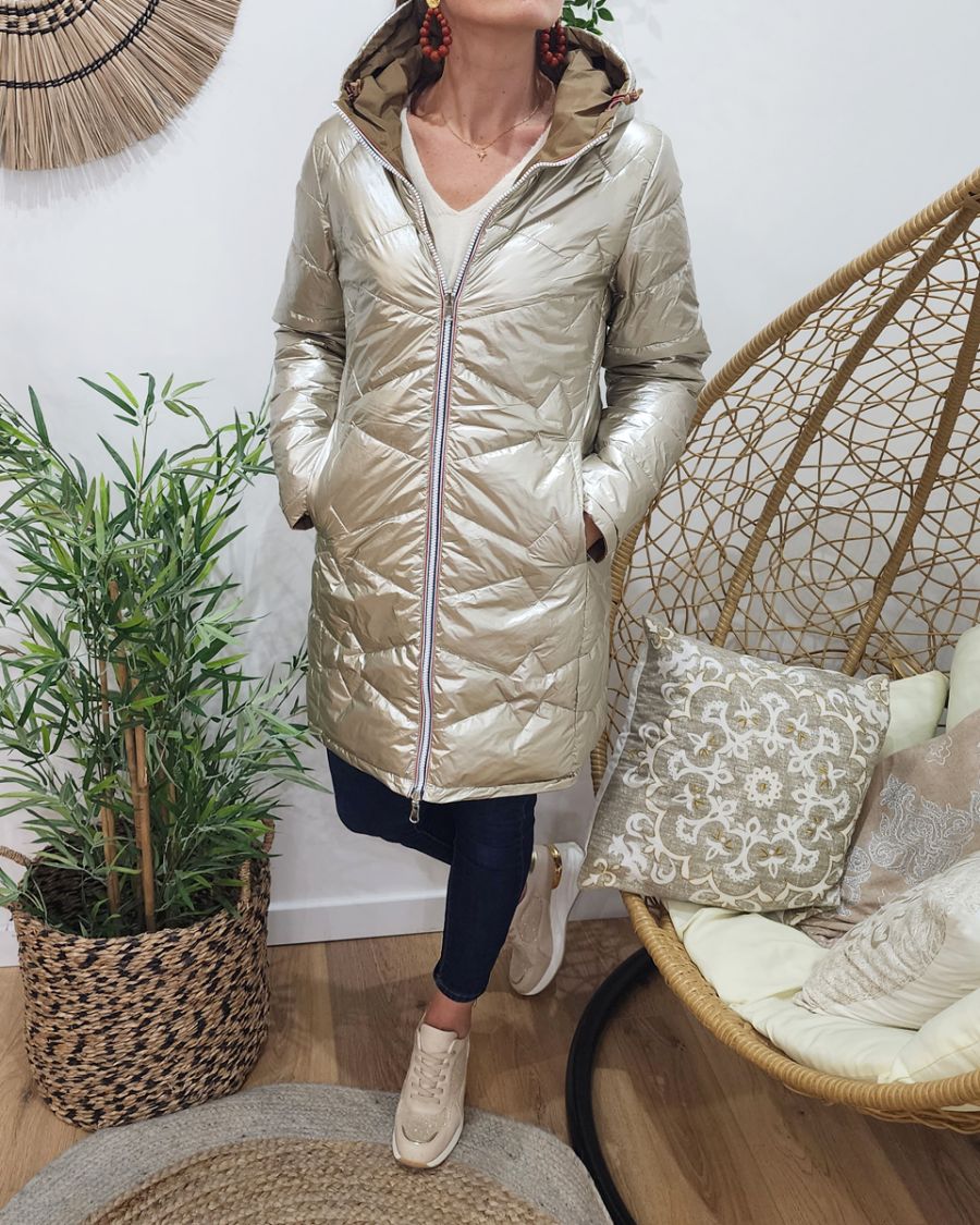 Parka doudoune femme longue épaisse réversible camel et dorée