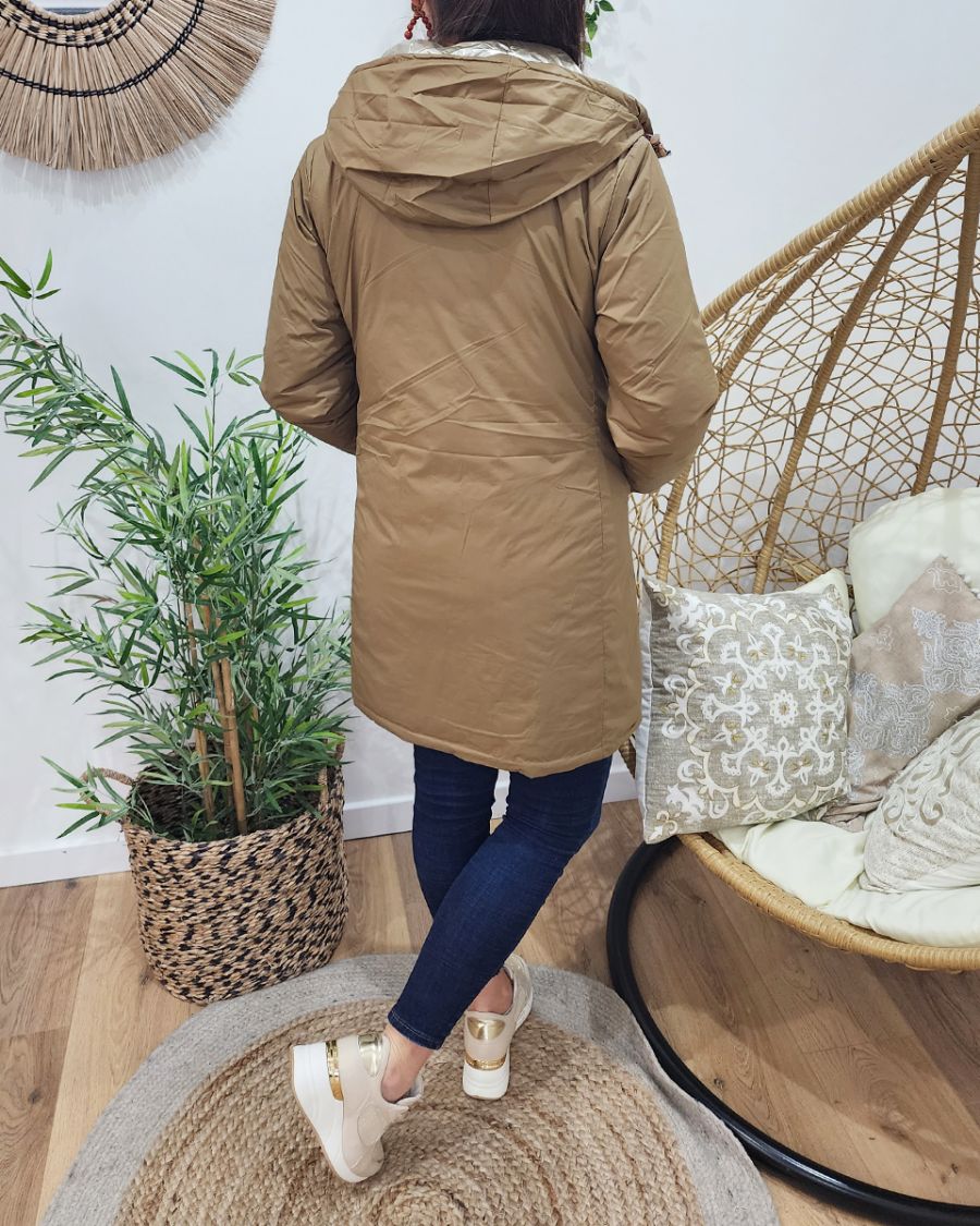 Parka doudoune femme longue épaisse réversible camel et dorée