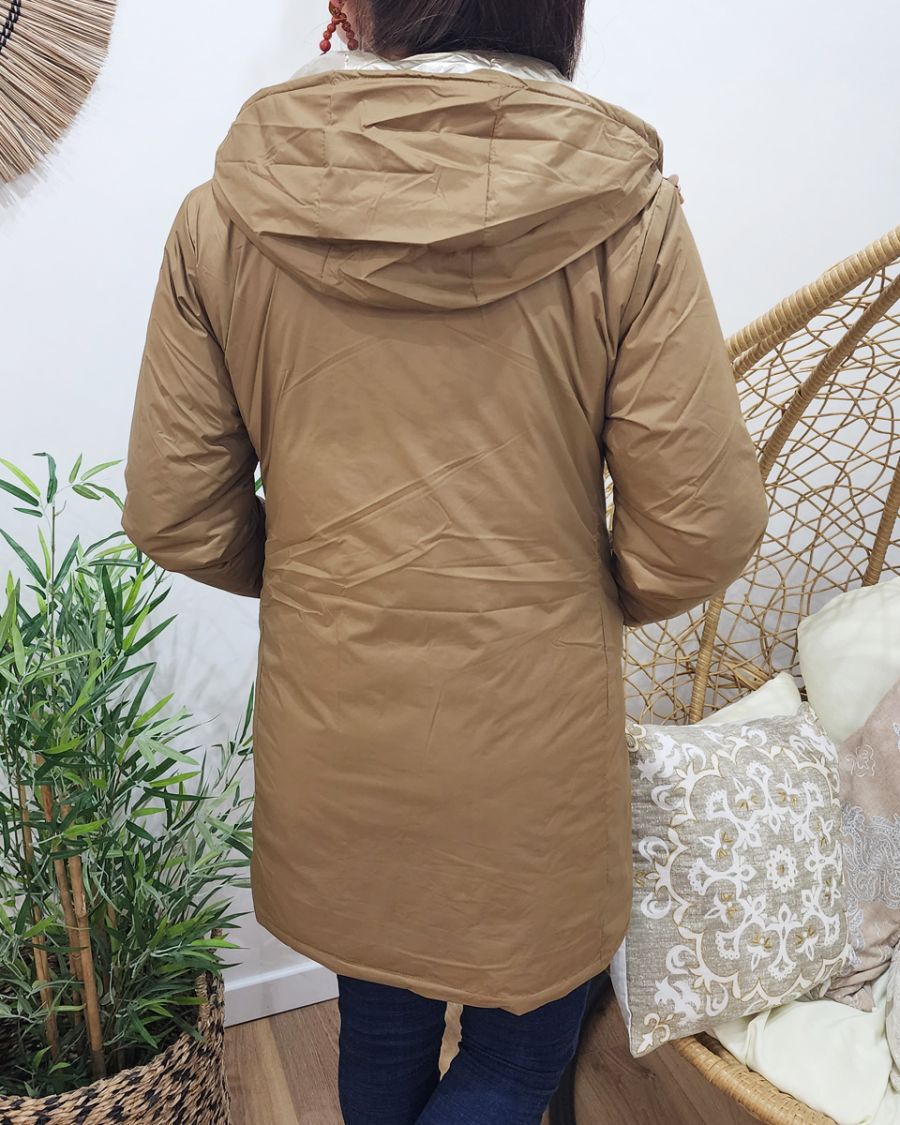 Parka doudoune femme longue épaisse réversible camel et dorée