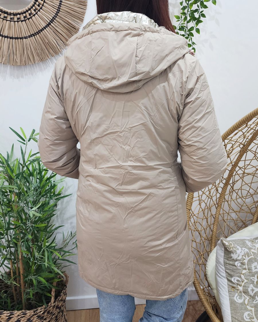 Parka doudoune femme longue épaisse réversible beige et dorée