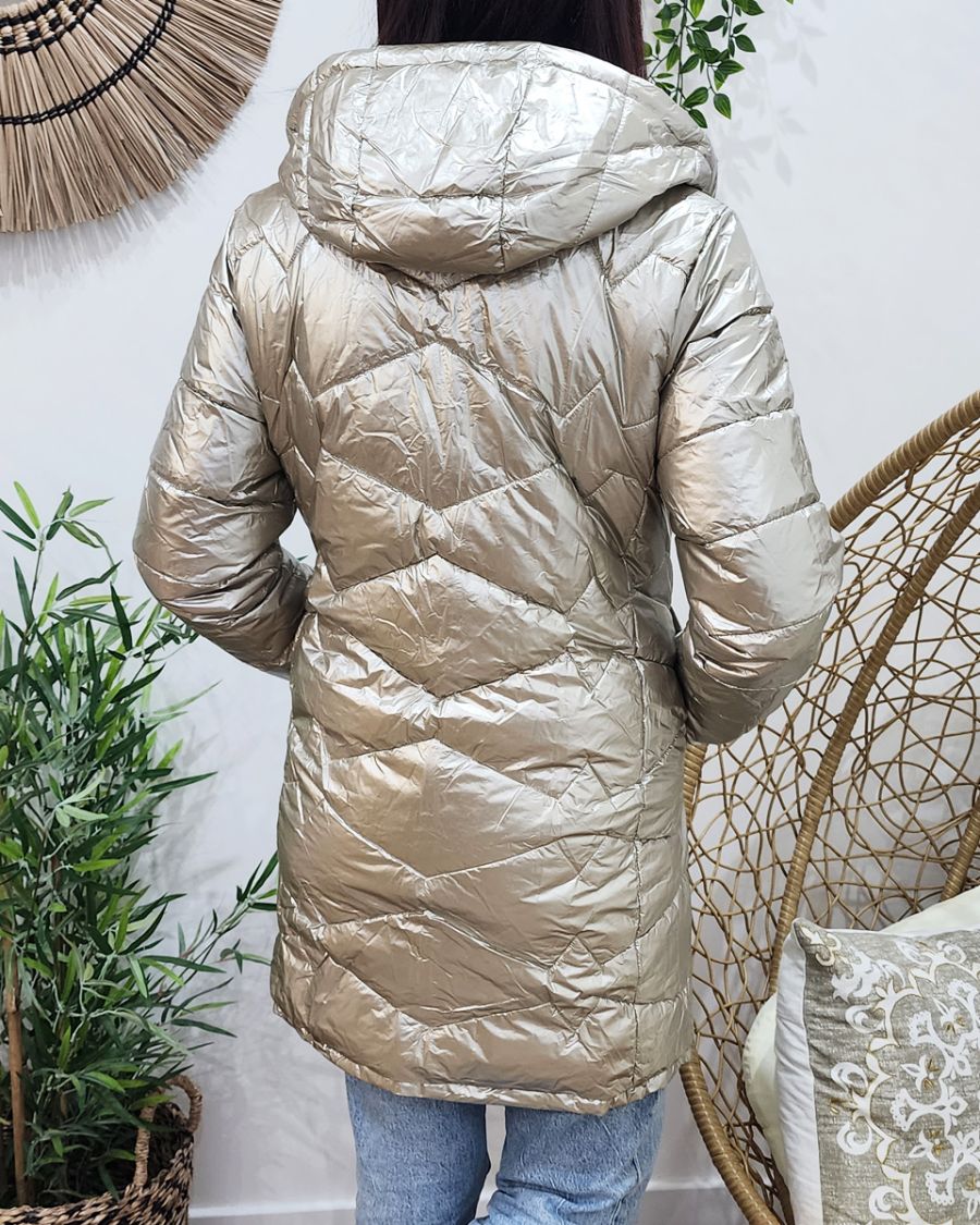Parka doudoune femme longue épaisse réversible beige et dorée