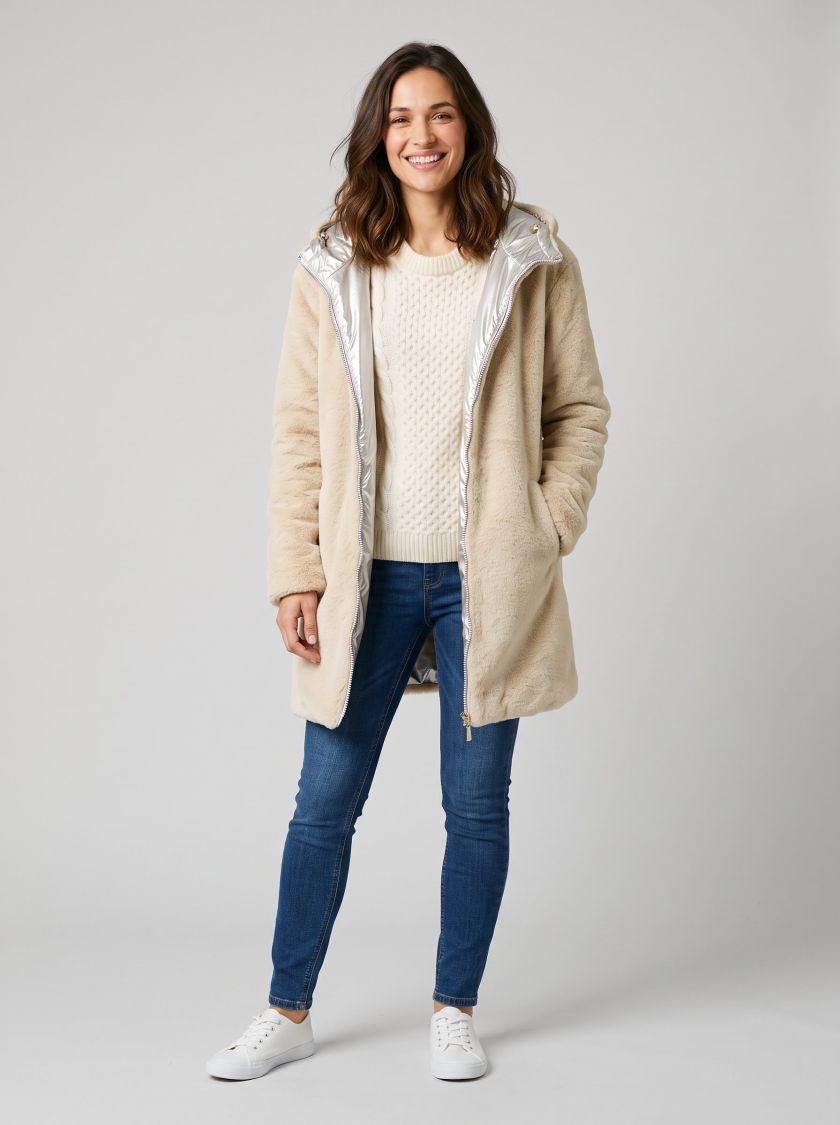 Parka femme dorée réversible fausse fourrure beige Armanda