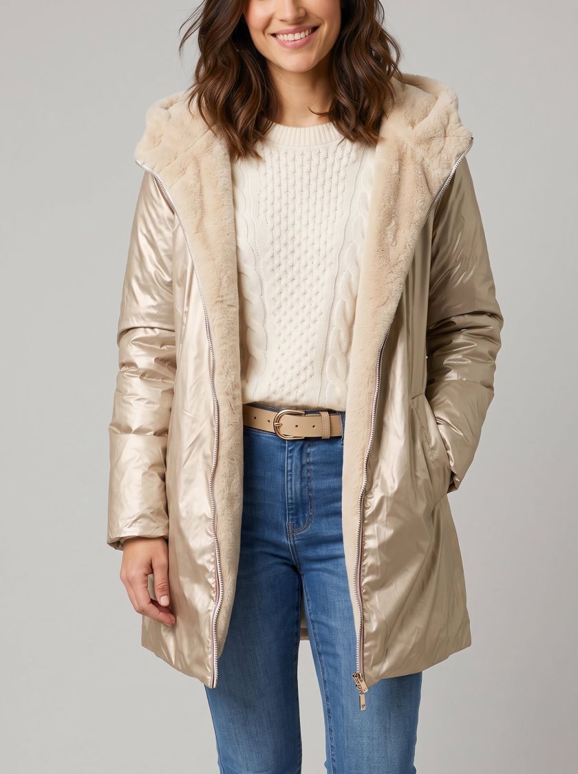 Parka femme dorée réversible fausse fourrure beige Armanda