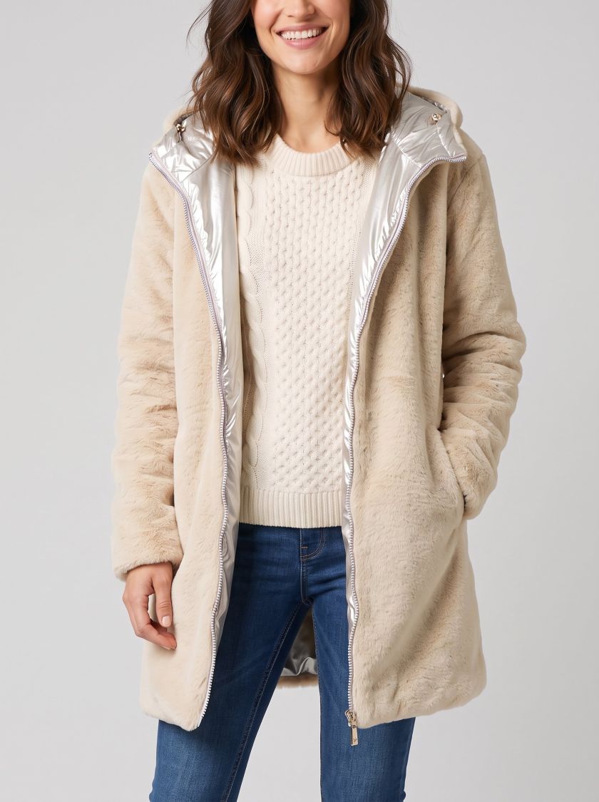 Parka femme dorée réversible fausse fourrure beige Armanda