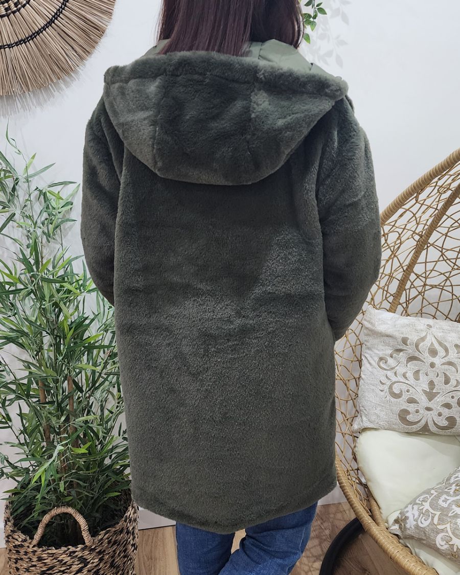 Parka femme kaki réversible fausse fourrure Armanda