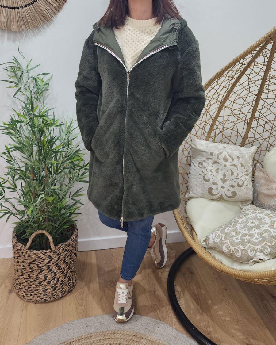 Parka femme kaki réversible fausse fourrure Armanda