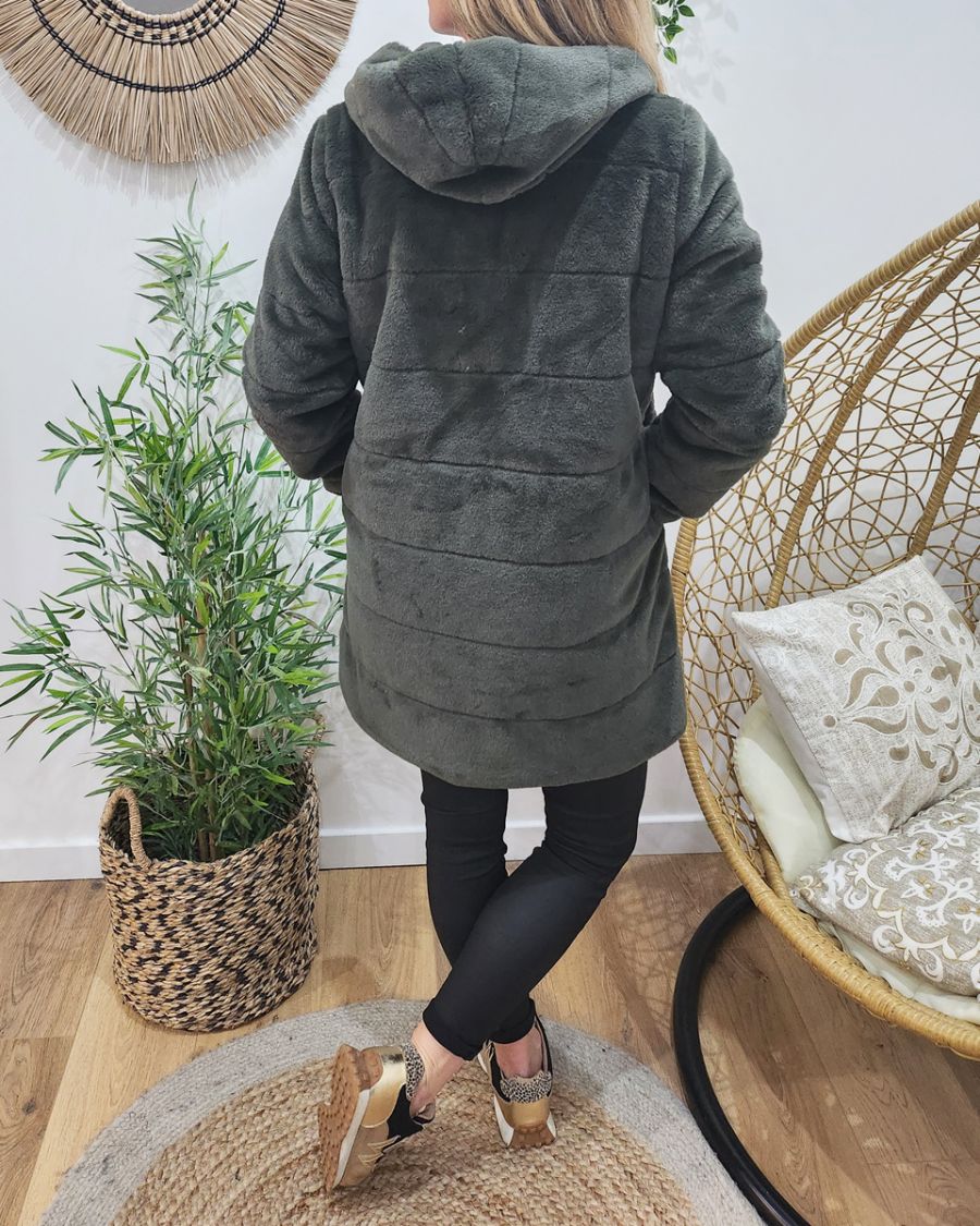 Parka femme longue réversible kaki fausse fourrure kaki