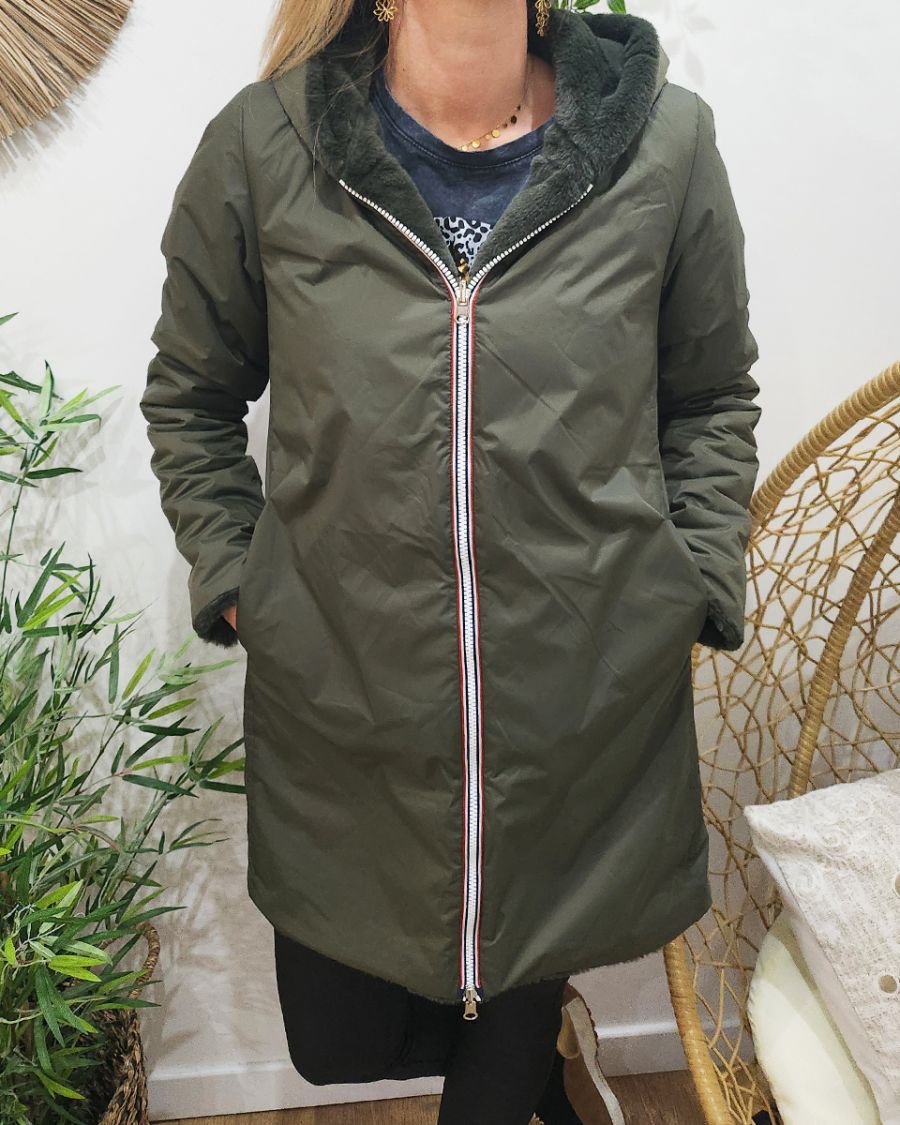 Parka femme longue réversible kaki fausse fourrure kaki