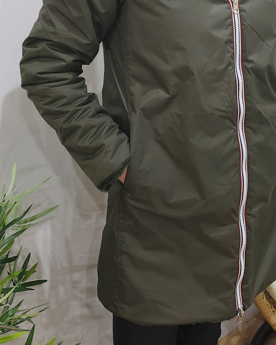 Parka femme longue réversible kaki fausse fourrure kaki