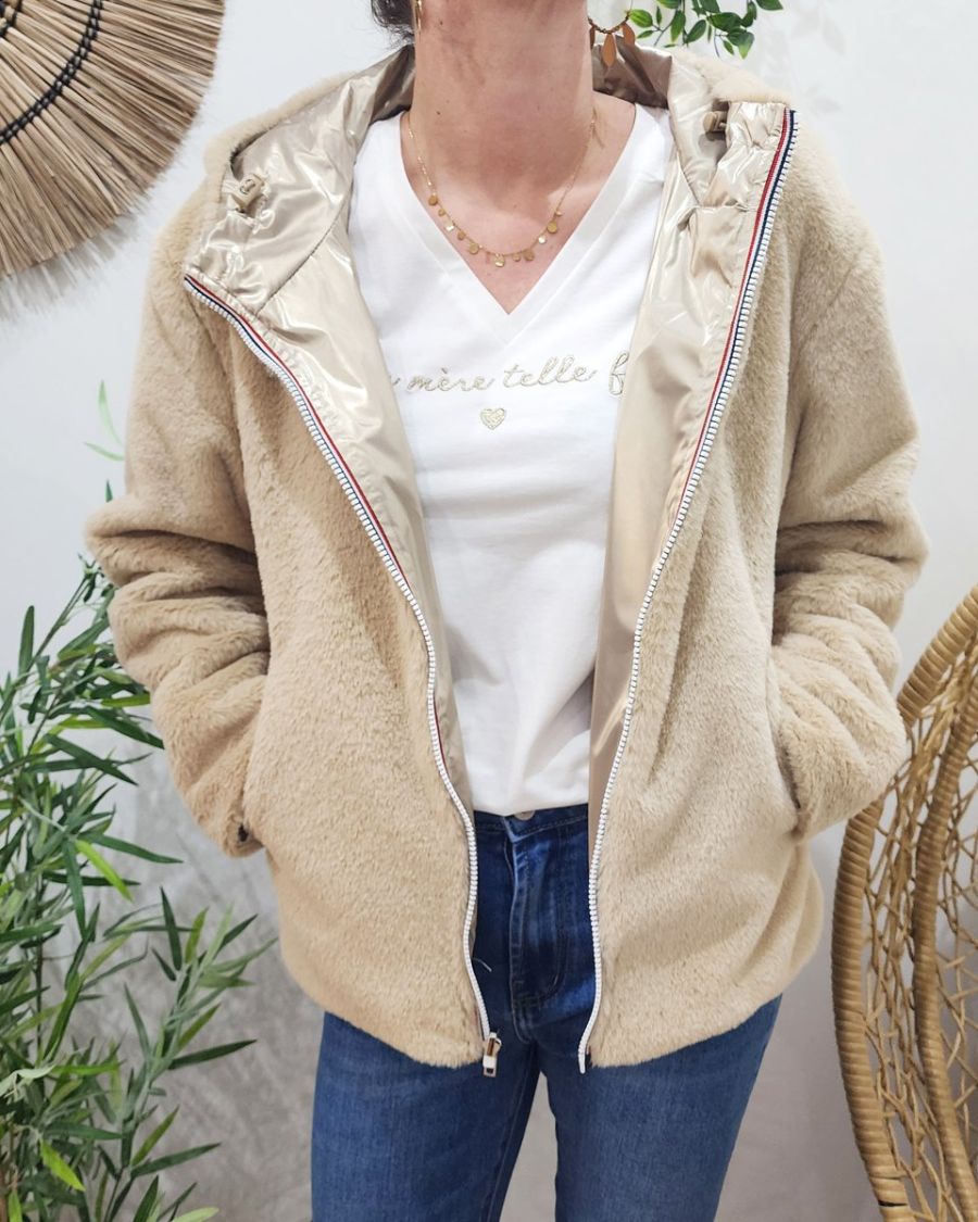 Parka femme dorée réversible fausse fourrure beige Sora