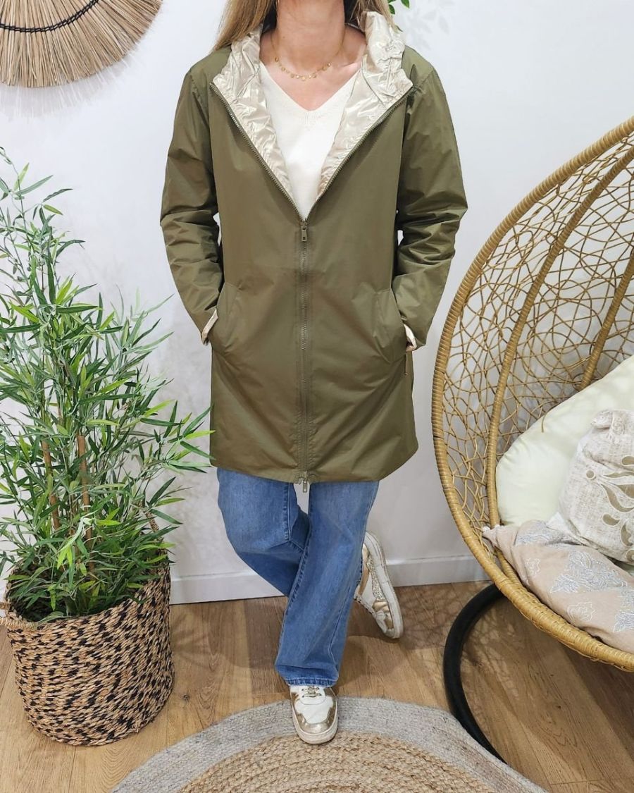 Parka fine femme longue réversible kaki et dorée Lydia