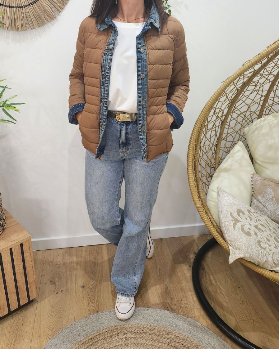 Doudoune femme camel rebords jeans