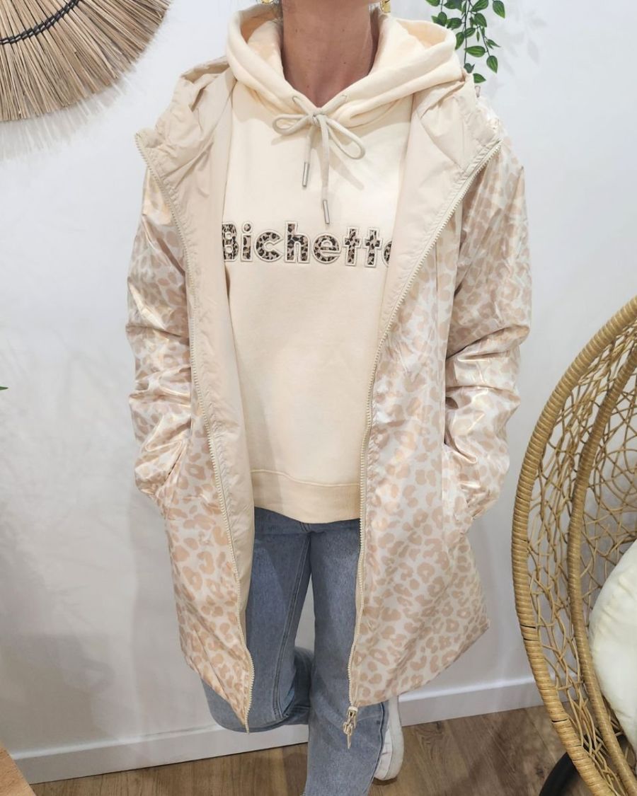 Parka fine femme longue réversible beige et léopard or