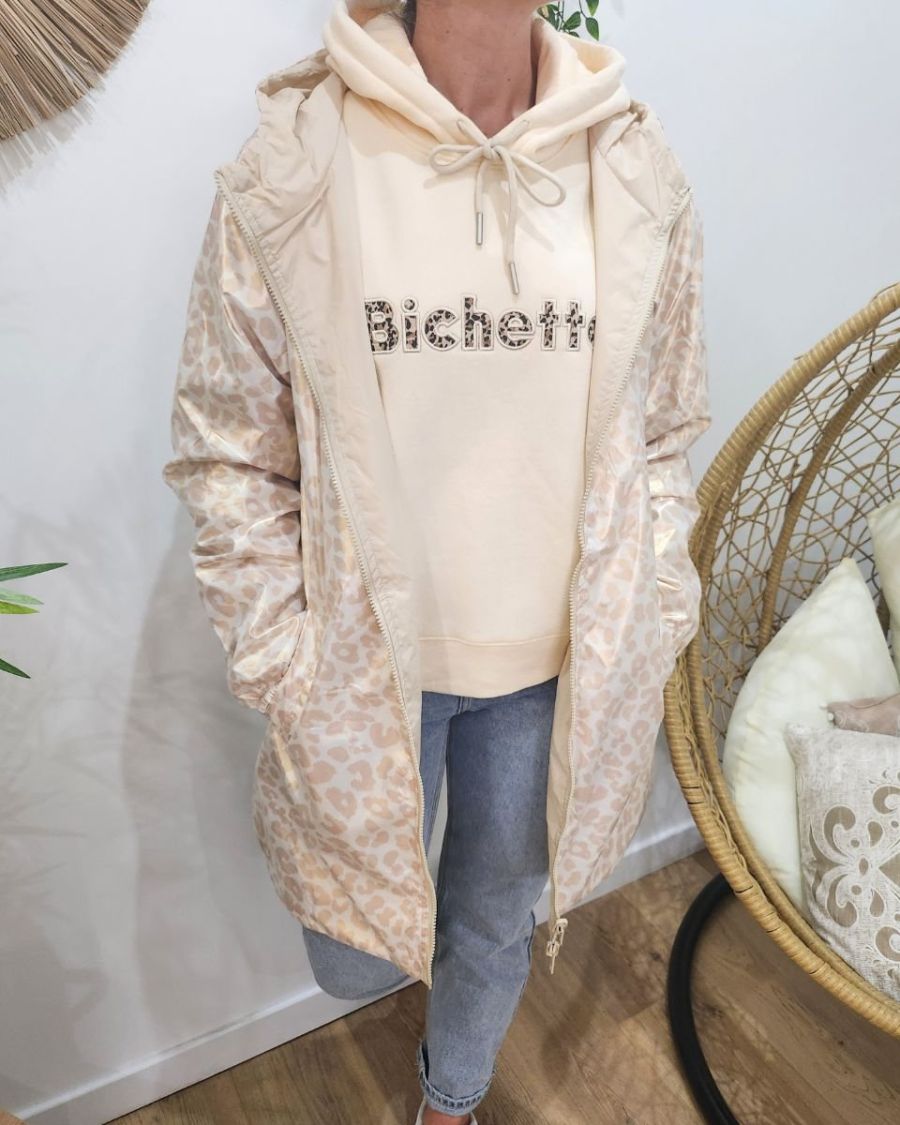 Parka fine femme longue réversible beige et léopard or