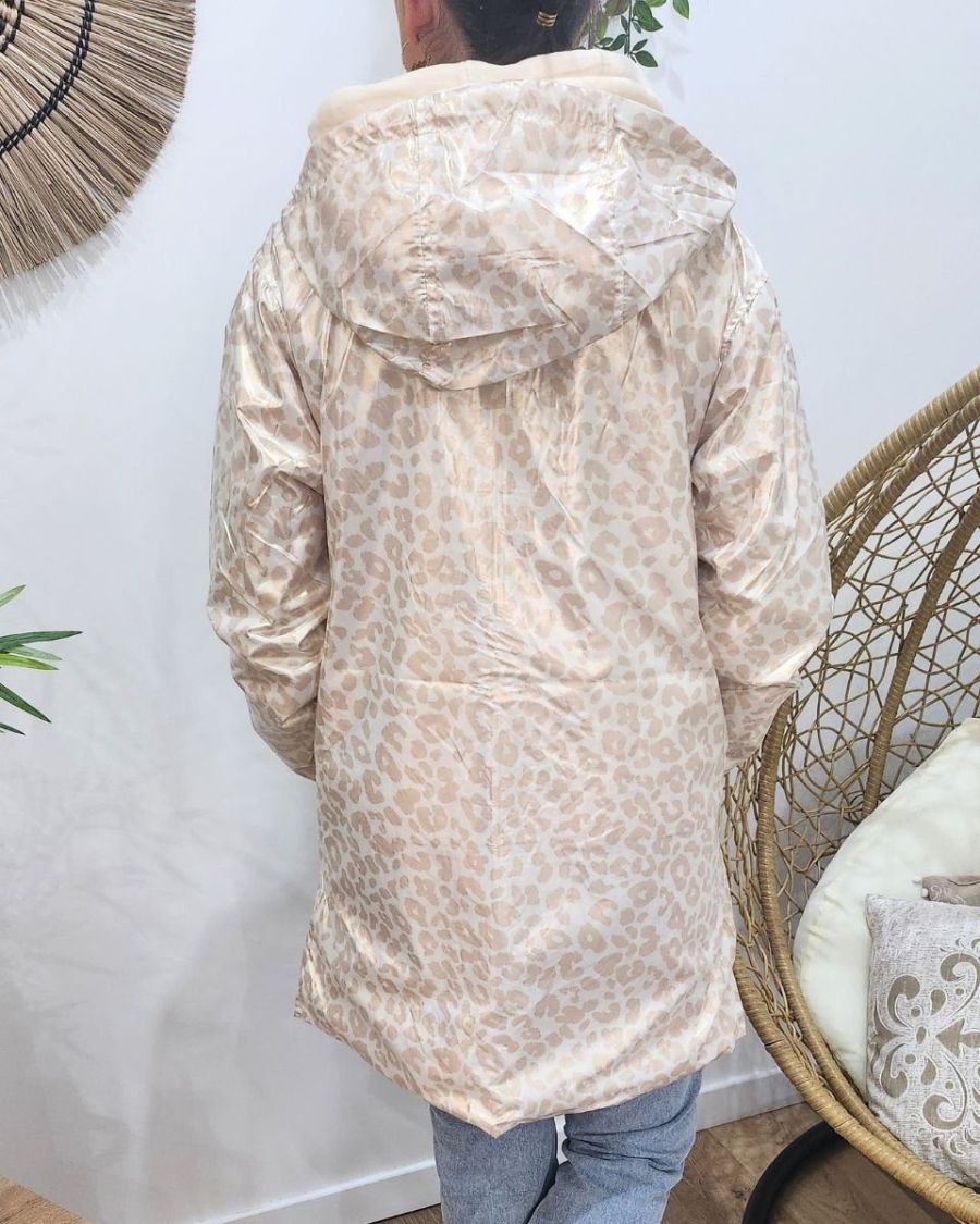 Parka fine femme longue réversible beige et léopard or