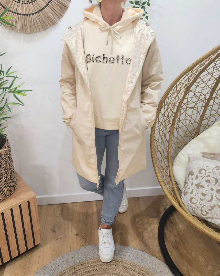 Parka fine femme longue réversible beige et léopard or