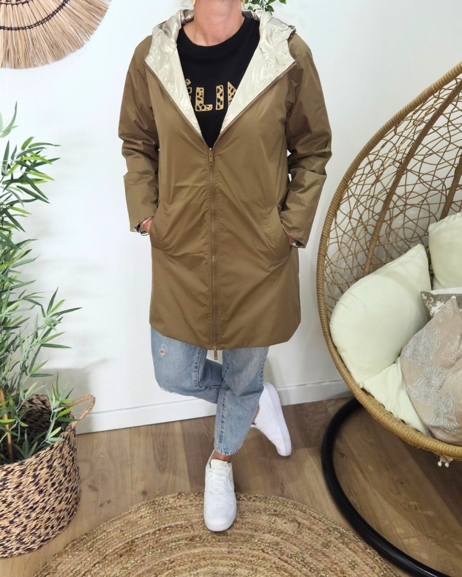 Parka fine femme longue réversible camel et dorée Lydia
