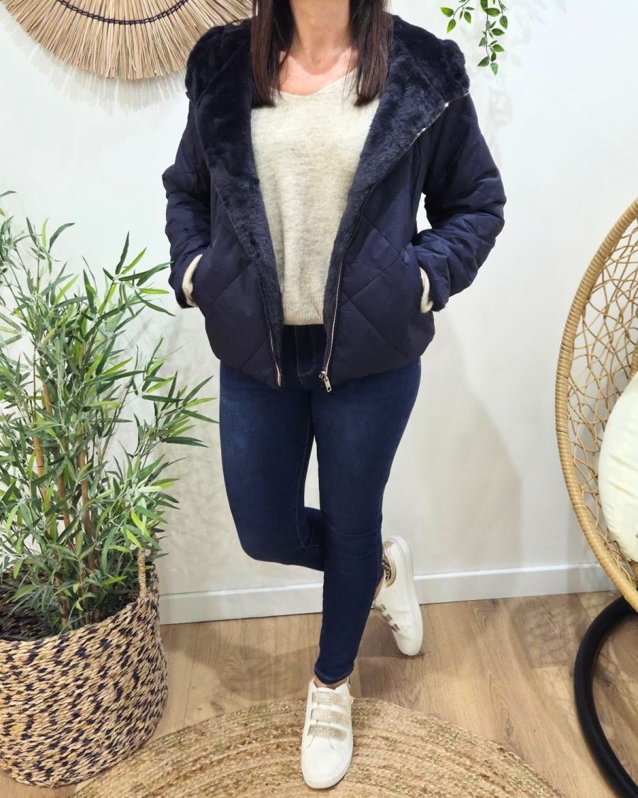 Parka femme bleu marine matelassée réversible fausse fourrure Esma