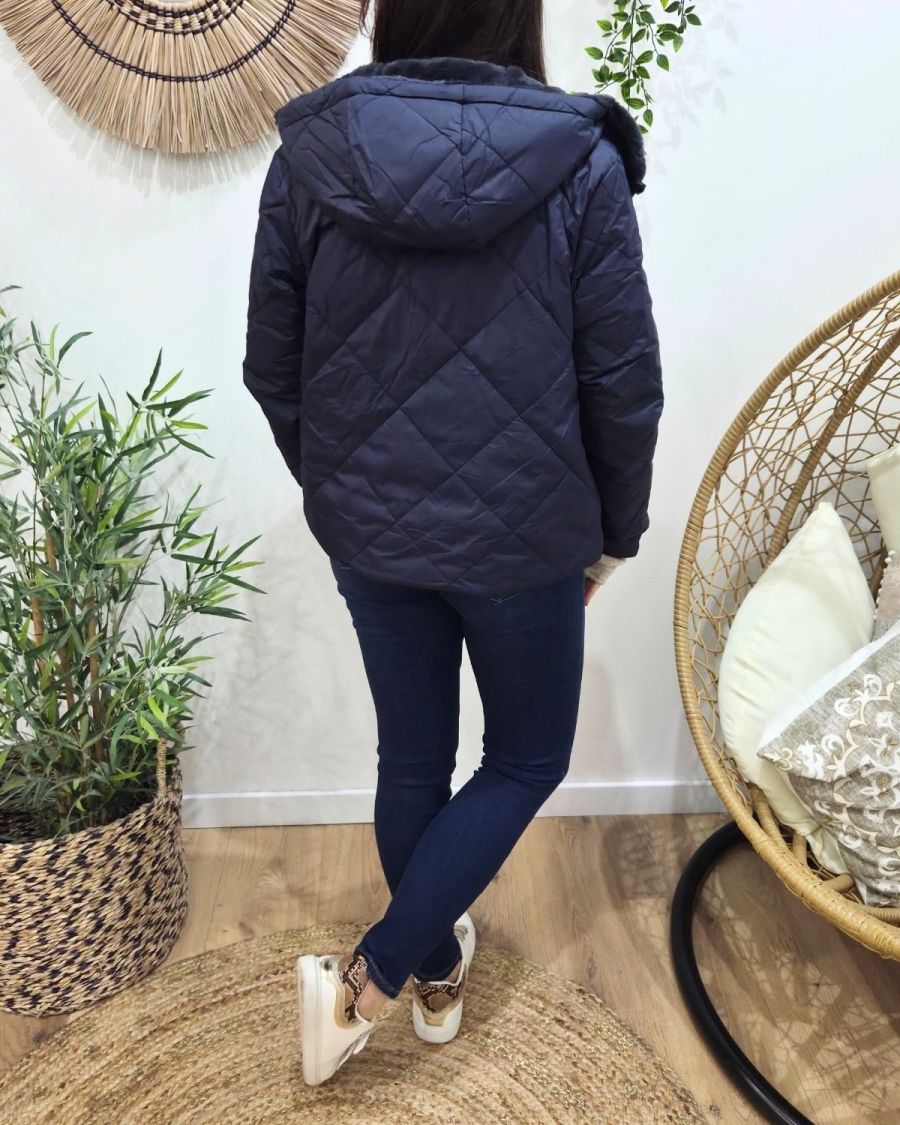 Parka femme bleu marine matelassée réversible fausse fourrure Esma
