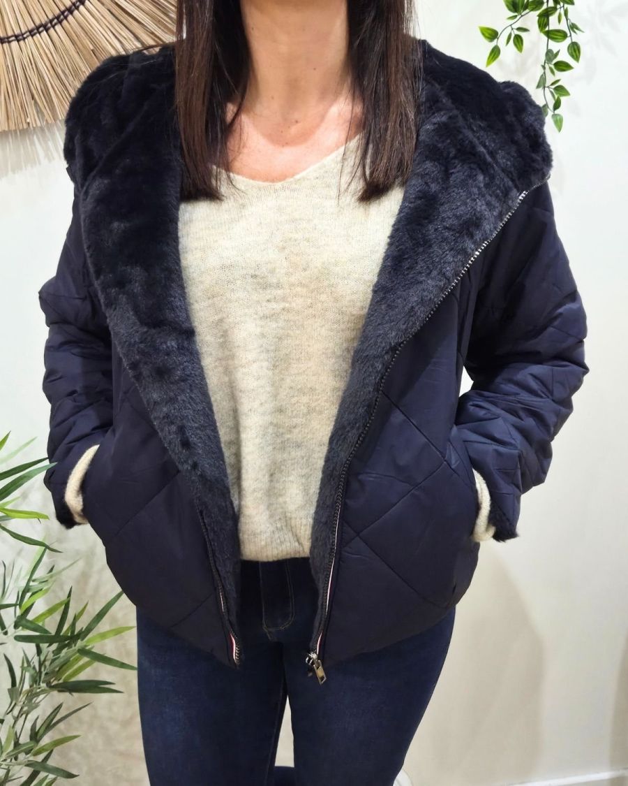 Parka femme bleu marine matelassée réversible fausse fourrure Esma