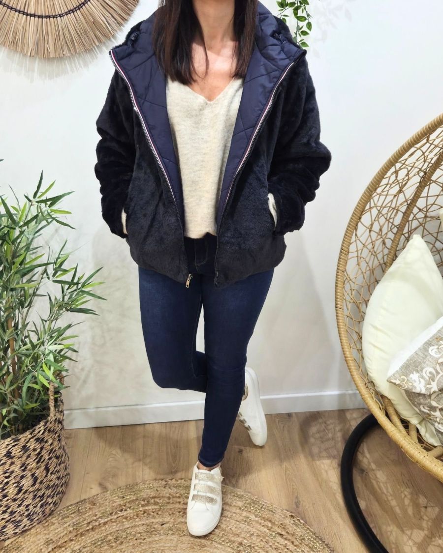 Parka femme bleu marine matelassée réversible fausse fourrure Esma