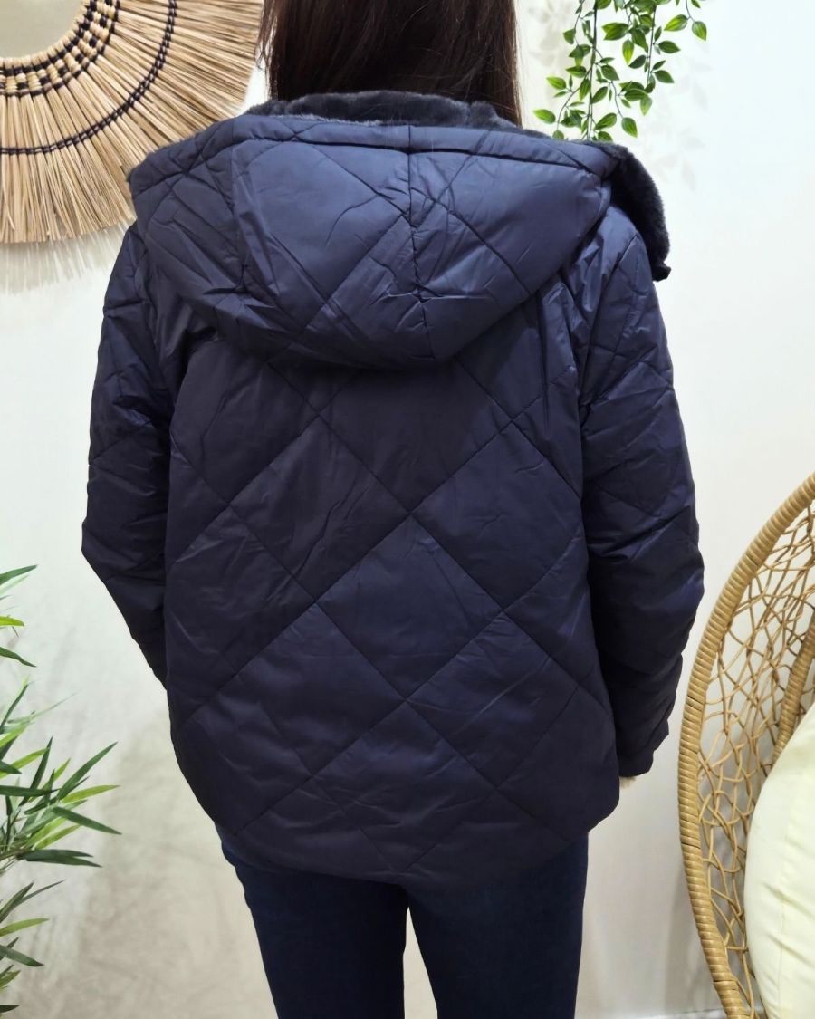 Parka femme bleu marine matelassée réversible fausse fourrure Esma