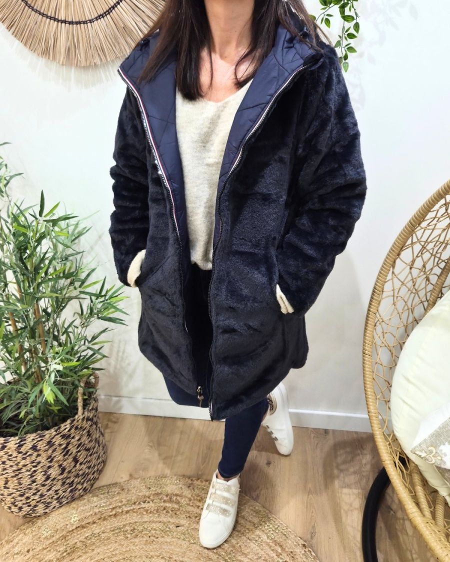 Parka longue femme bleu marine matelassée réversible fausse fourrure Lioba