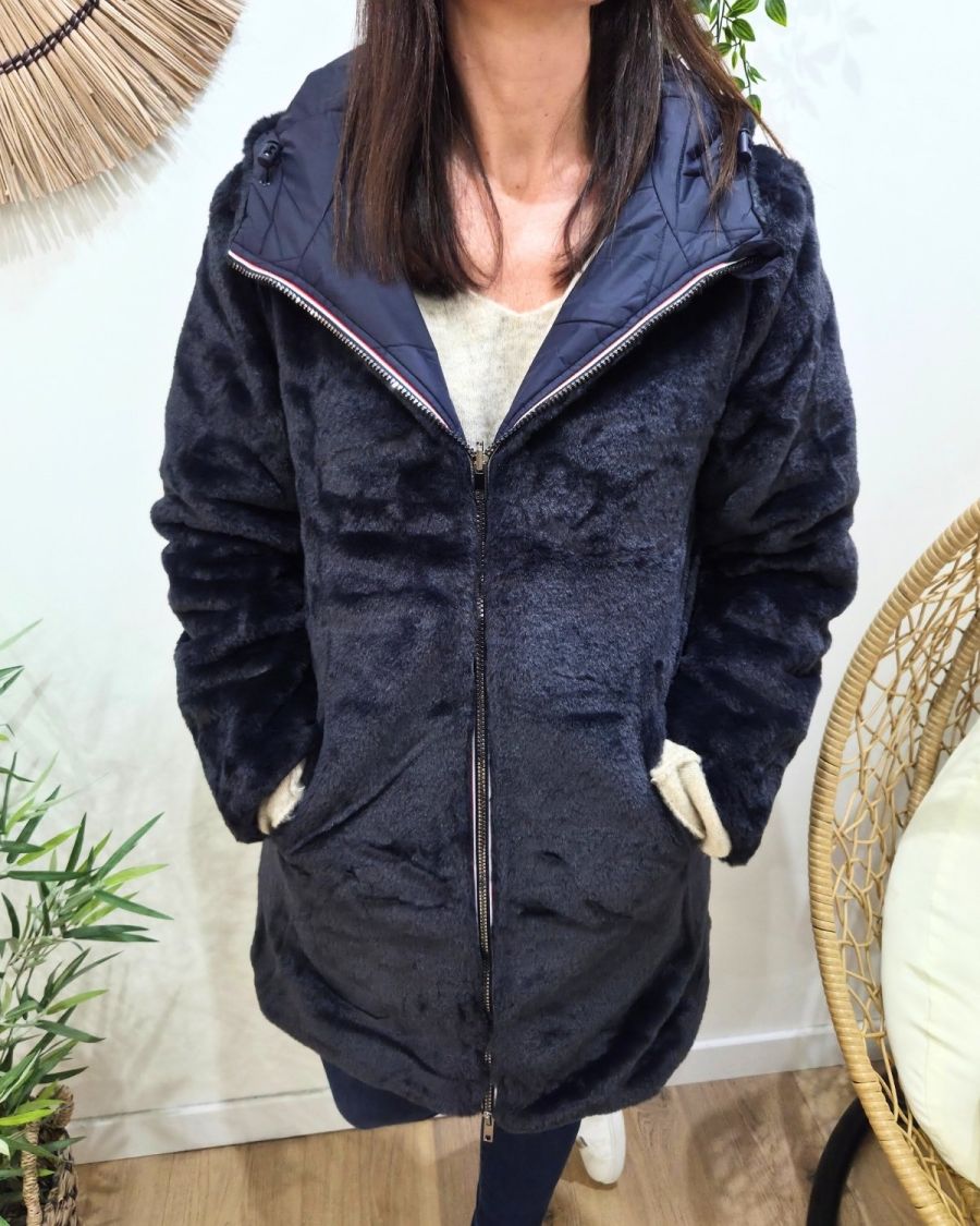 Parka longue femme bleu marine matelassée réversible fausse fourrure Lioba