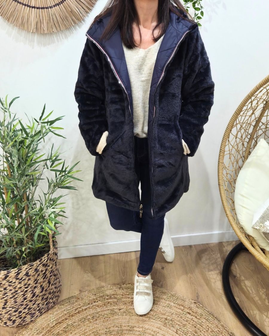 Parka longue femme bleu marine matelassée réversible fausse fourrure Lioba