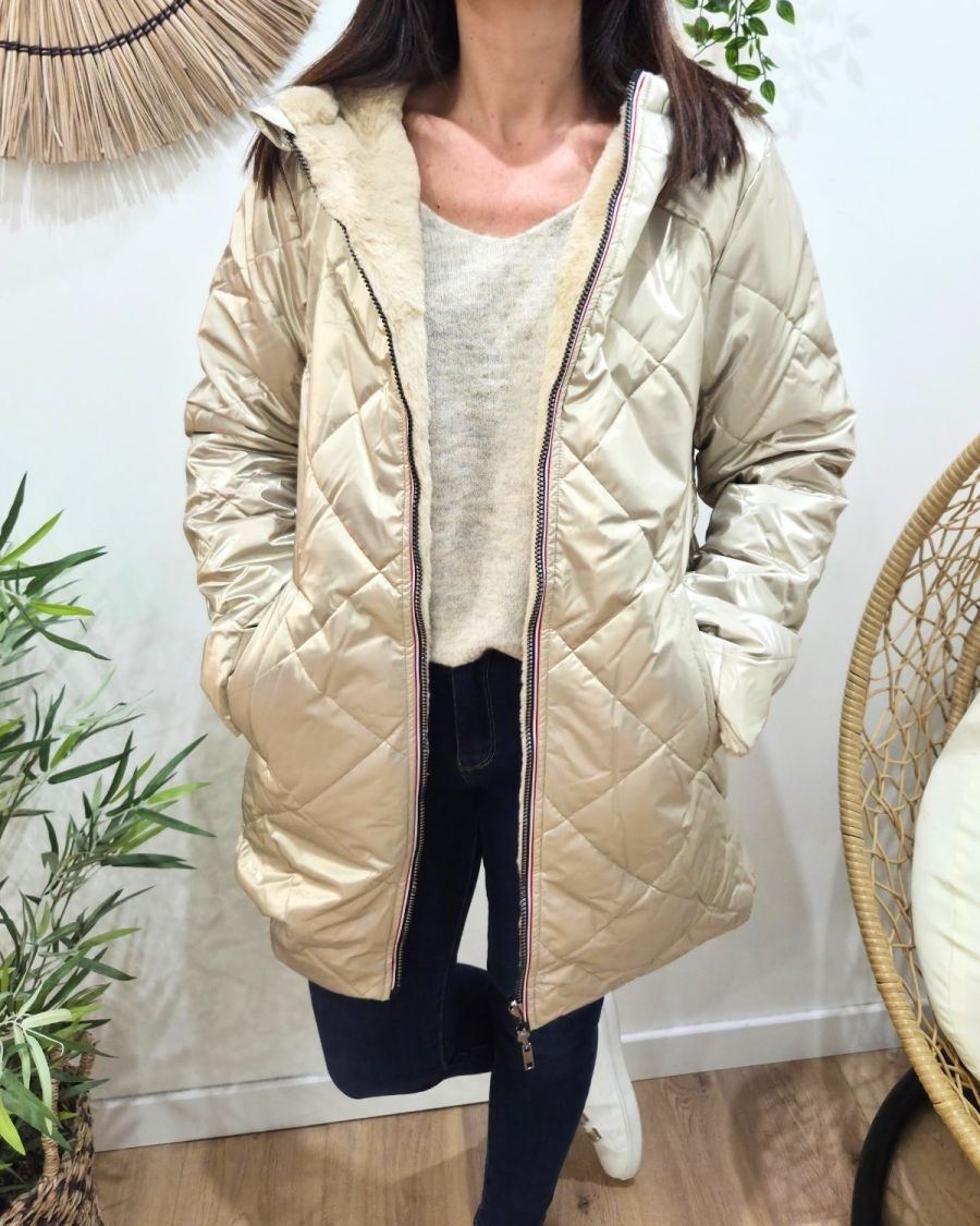 Parka longue femme dorée matelassée réversible fausse fourrure beige Lioba