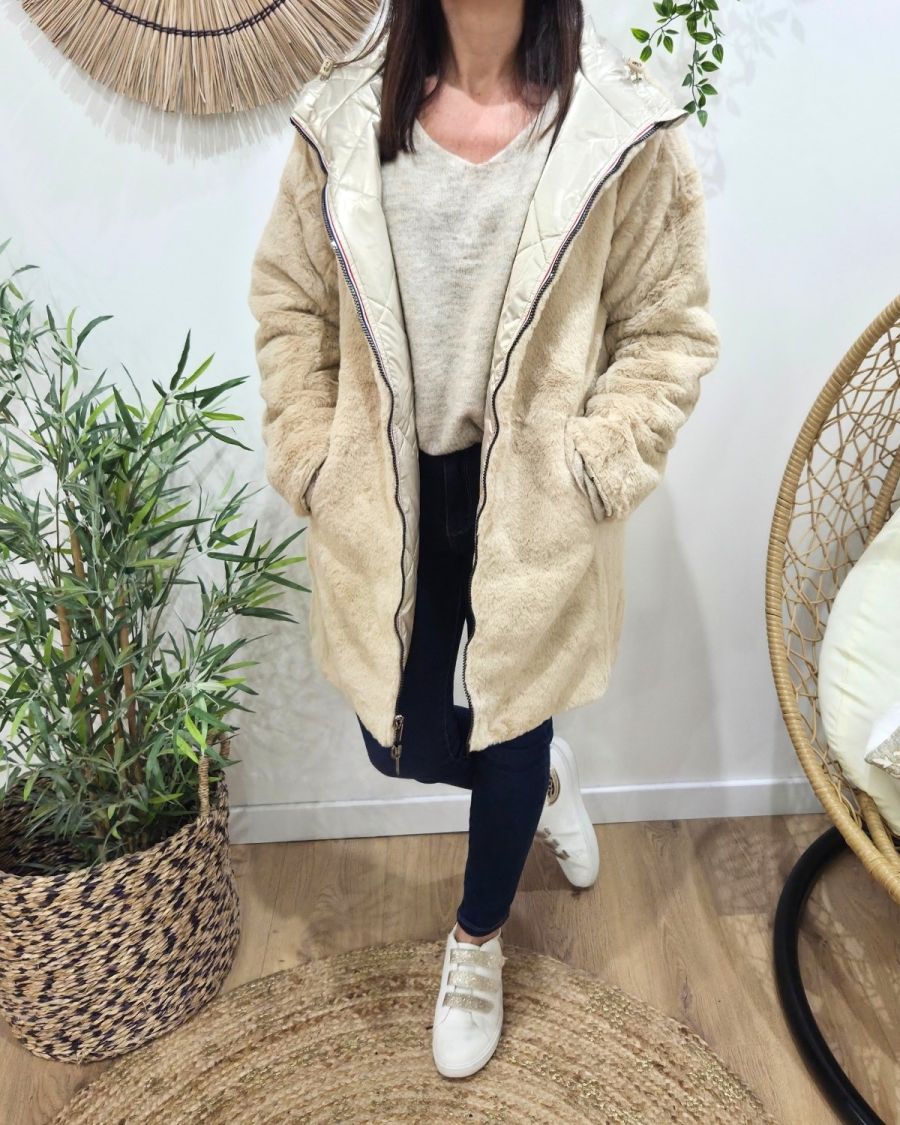 Parka longue femme dorée matelassée réversible fausse fourrure beige Lioba