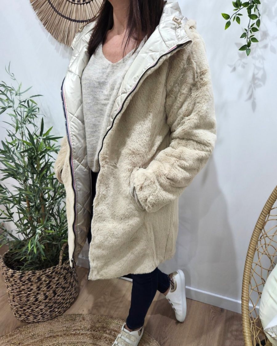 Parka longue femme dorée matelassée réversible fausse fourrure beige Lioba