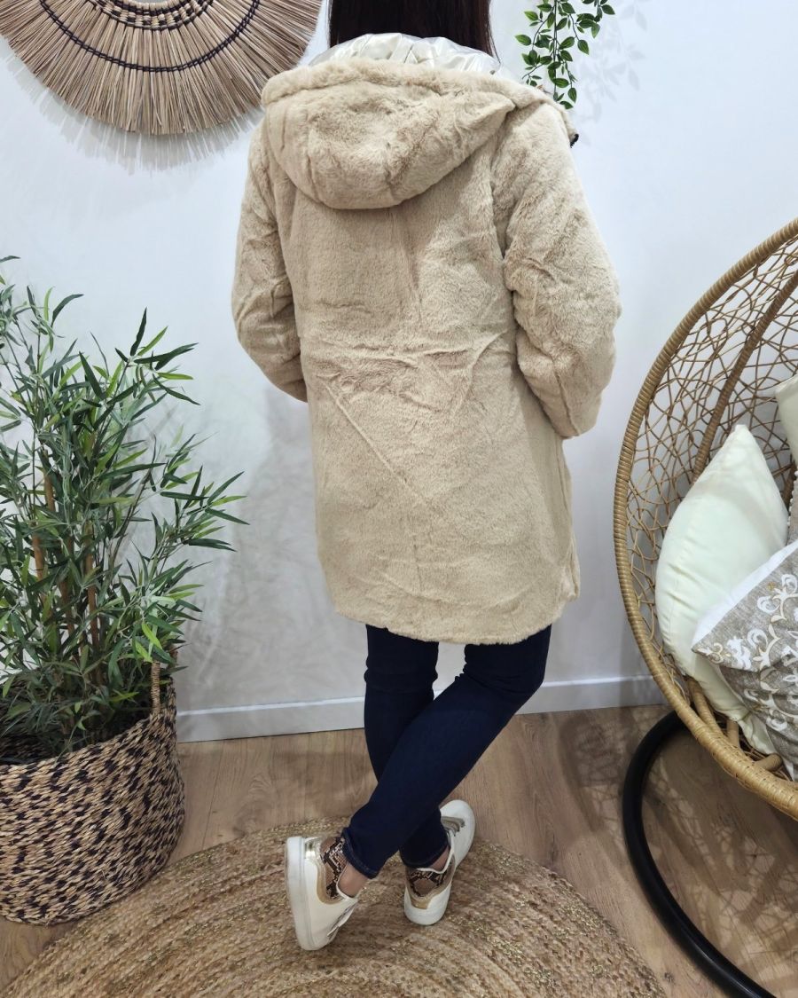 Parka longue femme dorée matelassée réversible fausse fourrure beige Lioba