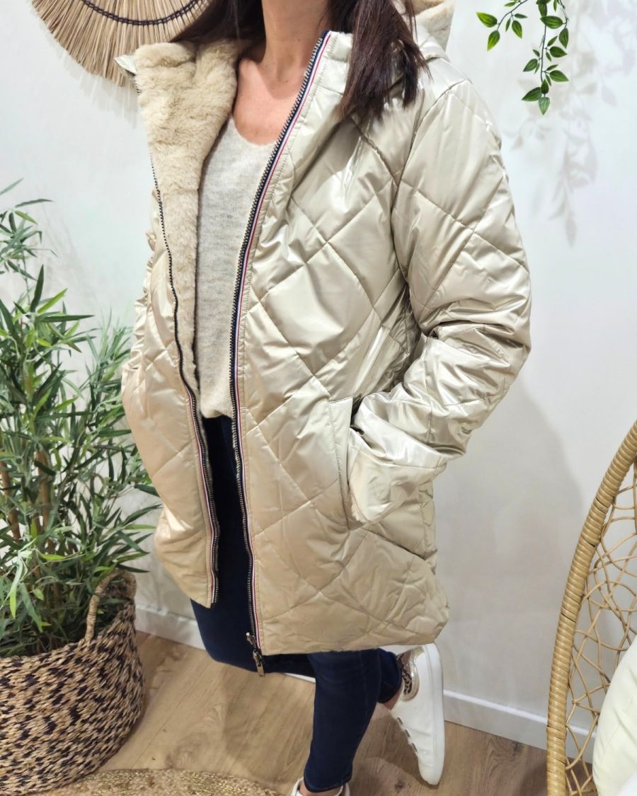 Parka longue femme dorée matelassée réversible fausse fourrure beige Lioba