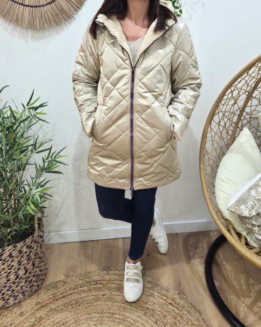 Parka longue femme dorée matelassée réversible fausse fourrure beige Lioba