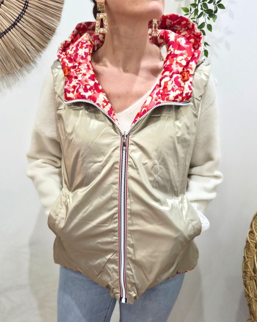 Doudoune femme sans manches dorée et motifs fuchsias orangés réversible