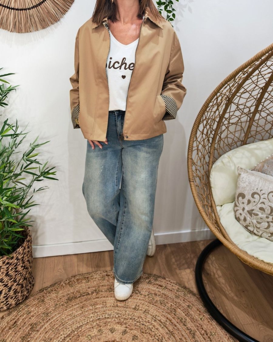 Manteau femme trench court camel manches et doublure à carreaux