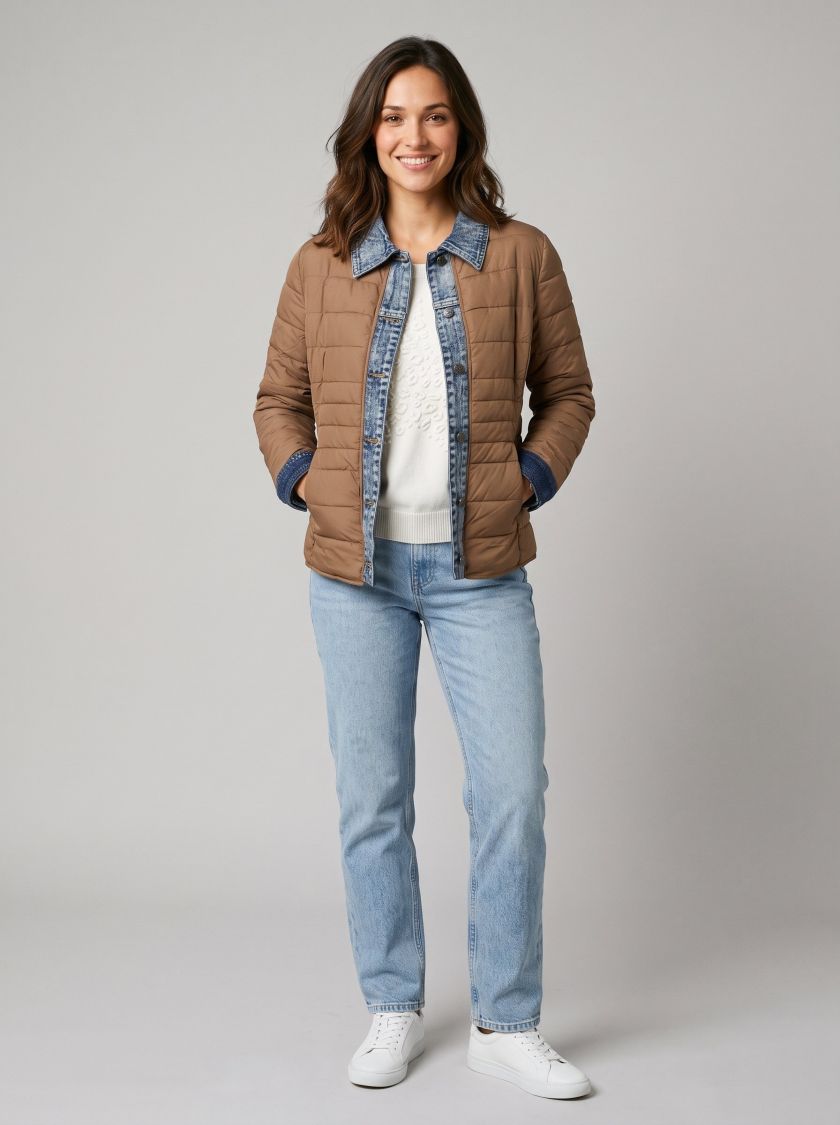 Doudoune femme marron café rebords jeans